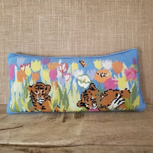 Vintage Hand-Stitched Needlepoint Pillow Tiger Cubs Tulip Flowers Baby Nursery - Picture 2 of 13